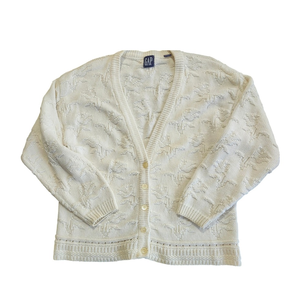 GAP Vintage Cardigan Sweater Womens L Heavy Knit Cream Textured Floral Pointelle